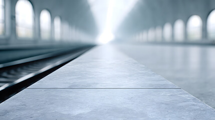 A modern train station interior with soft lighting, emphasizing clean architectural lines, spacious design, and a calm, futuristic atmosphere suitable for travel and transportation themes.
