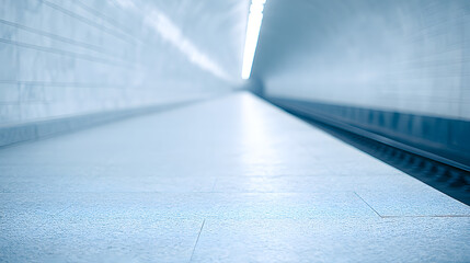 A modern train station interior with soft lighting, emphasizing clean architectural lines, spacious design, and a calm, futuristic atmosphere suitable for travel and transportation themes.
