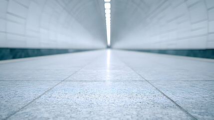A modern train station interior with soft lighting, emphasizing clean architectural lines, spacious design, and a calm, futuristic atmosphere suitable for travel and transportation themes.
