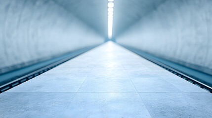 A modern train station interior with soft lighting, emphasizing clean architectural lines, spacious design, and a calm, futuristic atmosphere suitable for travel and transportation themes.
