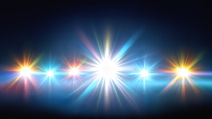 Obraz premium Colorful light bursts with bright glowing flares against dark blue background. Abstract luminous star rays radiant beams. Vibrant spectrum of shimmering lens with intense illumination and ethereal