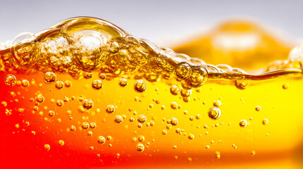 Amber oil liquid with golden bubbles floating through yellow orange gradient. Closeup of transparent viscous fluid with shiny surface tension wave. Industrial petroleum texture with glossy and fizzy