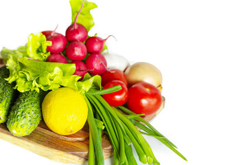 Fresh vegetables and fruits isolated on white background. Healthy eating concept.