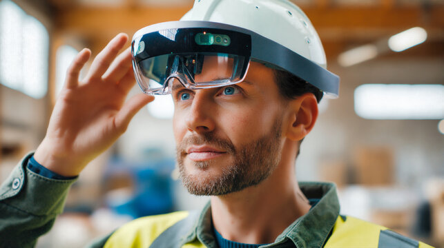 Construction worker with augmented reality smart helmet on industrial site. Professional male technician in safety gear with holographic display technology. Engineer using digital wearable headgear