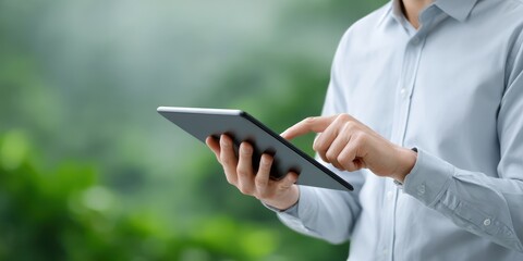 Person in light blue shirt uses a gray tablet against a blurred green background.