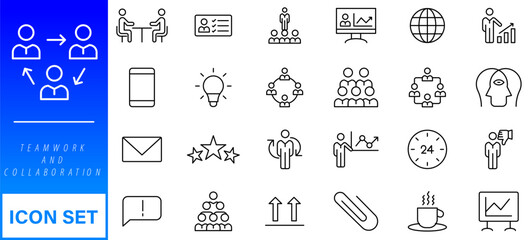 Teamwork and collaboration icon set. Thin line editable stroke icons for teams, leadership, meetings, project management, brainstorming, team growth, support, partnership and remote work.