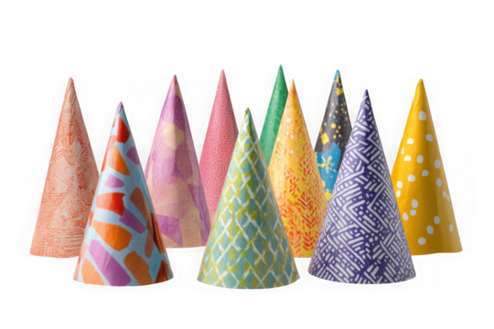 Collection of colorful party hats with various patterns and designs for celebrations and festivities isolated on transparent background - Powered by Adobe