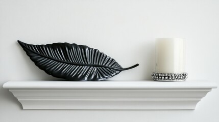 A black Dotz Brand Leaf Wall Shelf, Candle Flower Holder, and other wall decoration items are elegantly displayed on floating white wall shelves against a white background