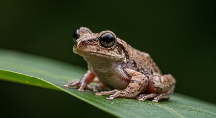 Obraz premium Macrophotograph of a frog on a leaf, close-up, enlarged details