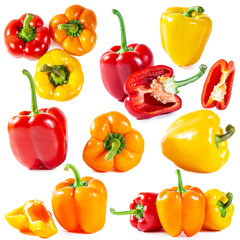 Set of fresh shiny red, yellow and orange bell peppers. Isolated on white.
