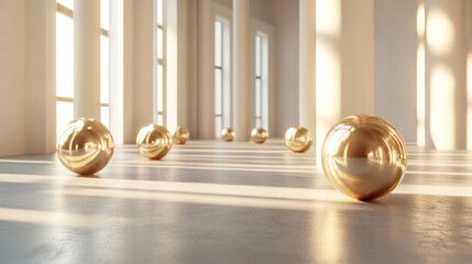 Golden spheres scattered in a sunlit hall.