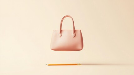 Floating blush-pink handbag over a yellow pencil on a pastel background