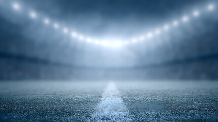 A football stadium at night with glowing lights illuminating the field and empty stands, creating a dramatic and atmospheric scene that highlights the anticipation of a big game or event.

