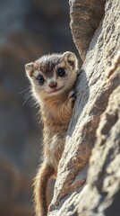 Fototapeta premium Curious Bush Baby Peeks Out From Rocky Crevice, Wild African Habitat