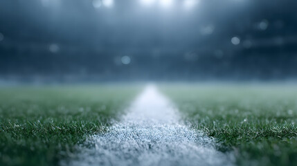 A football stadium at night with glowing lights illuminating the field and empty stands, creating a dramatic and atmospheric scene that highlights the anticipation of a big game or event.
