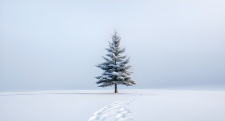Fototapeta premium Solitary SnowDusted Fir Tree Standing Tall in a Vast White Winter Landscape