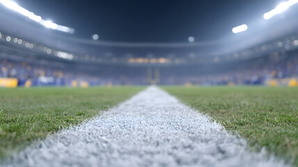 A football stadium at night with glowing lights illuminating the field and empty stands, creating a dramatic and atmospheric scene that highlights the anticipation of a big game or event.
