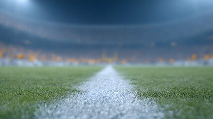 A football stadium at night with glowing lights illuminating the field and empty stands, creating a dramatic and atmospheric scene that highlights the anticipation of a big game or event.
