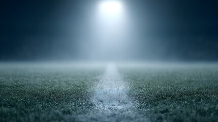 A football stadium at night with glowing lights illuminating the field and empty stands, creating a dramatic and atmospheric scene that highlights the anticipation of a big game or event.

