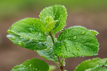Fresh green leaves covered in water droplets, symbolizing growth and natural beauty in a vibrant outdoor setting.