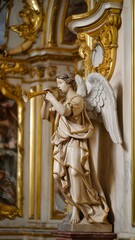 Fototapeta premium A beautiful statue of an angel playing a trumpet. The angel has white wings and a golden trumpet, and the statue is located in a beautiful and well-decorated hall