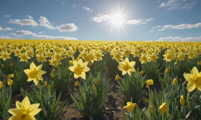 Vast field of cheerful daffodils bathed in sunlight against a cloudless blue sky ,  joyful,  blossom
