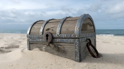 Fototapeta premium An old, weathered treasure chest rests on a sandy beach. The chest appears to be filled with untold riches and secrets, inviting curiosity and a sense of adventure.