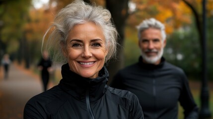 Fototapeta premium A cheerful senior citizen exercising with a walking group in a park