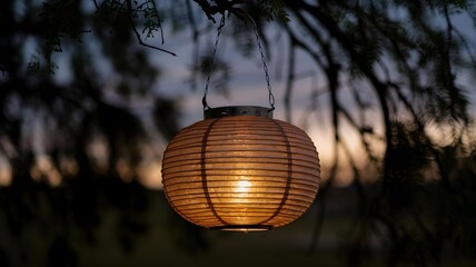 Obraz premium A solar-powered lantern glows warmly in the twilight, casting a soft light through the tree branches 