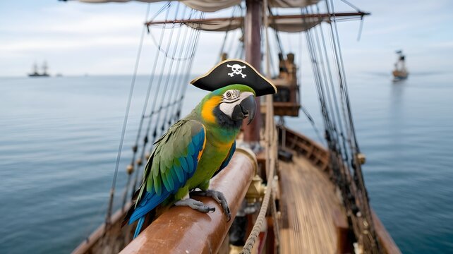 A colorful parrot wearing a pirate hat perched on a wooden railing of a ship, with the open sea and other ships in the background. The bird is facing the camera,  looking directly at the viewer.