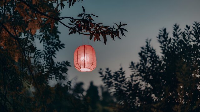 A vibrant red lantern hanging in a tree at dusk, casting a warm glow amidst the leaves. The scene is set against a backdrop of a dimly lit night sky.