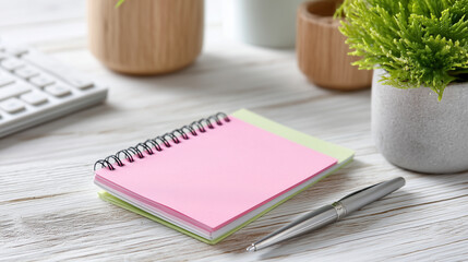 Close-up pink note, rustic desk, pens and greenery, bright creative setup
