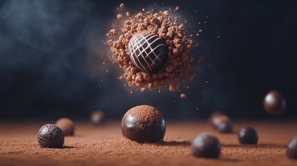 Chocolate Ecstasy: A symphony of dark chocolate, exploding in a cloud of cocoa powder, captures the decadence and indulgence of this beloved treat.