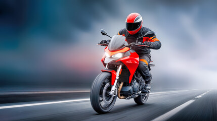 Red sportbike motorcycle racing on highway with rider in protective gear. Biker wearing helmet and leather jacket at speed with motion blur. Dynamic sport vehicle with powerful engine on asphalt road.