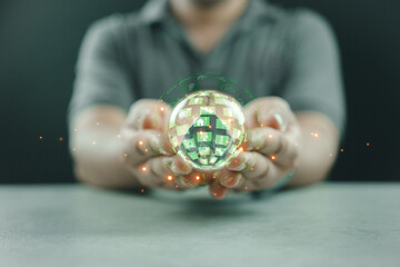 Hand holding globe with save planet. Eco friendly, green company culture concept. Carbon neutral...
