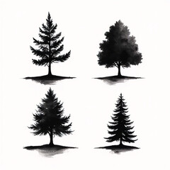 Fototapeta premium Ink Wash set of 4 minimalist tree icons in black ink