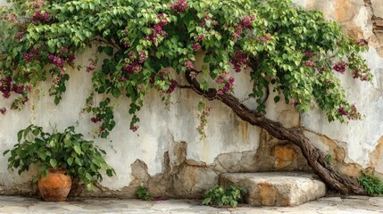 Climbing vine over weathered stone wall