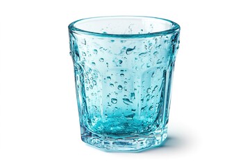 A clear glass of fresh coconut water, with droplets on the surface, isolated on a white backdrop