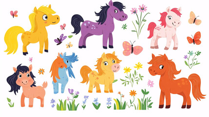 Cute Cartoon Horses Flowers Butterflies.