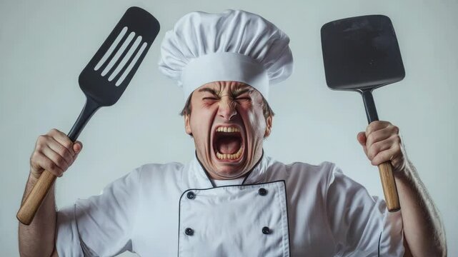 A chef wearing a white chef's hat holds two spatulas and one spat, ready for cooking