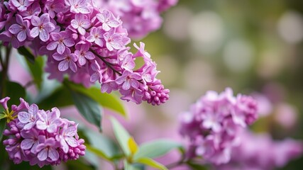 Fototapeta premium A close-up shot reveals delicate pink lilac blossoms adorned with glistening raindrops in a lush garden setting.