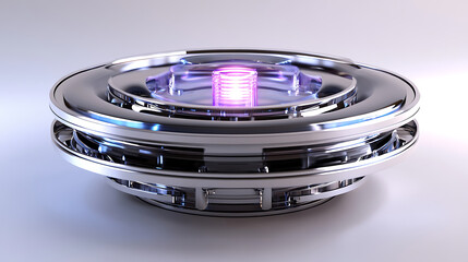 Futuristic energy source featuring layered metallic components and animated pulsating light at the center 