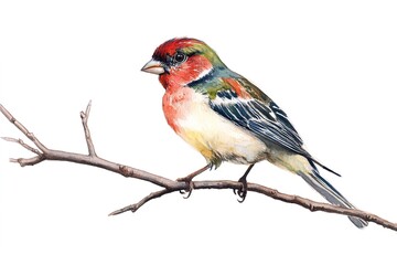 A colorful finch with a vibrant red chest, perched on a thin branch against a white background.