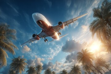 A red and white airplane flying through the sky above palm trees