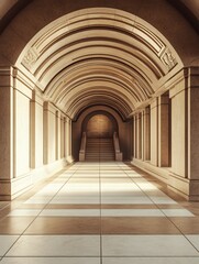 Obraz premium Architectural arches in light beige interior space with symmetrical perspective and warm lighting