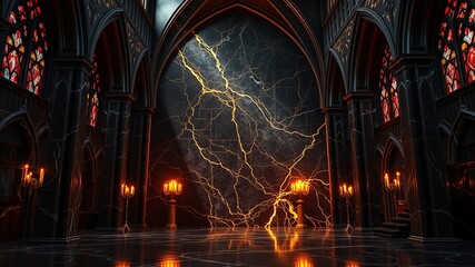 Fototapeta premium A gothic cathedral interior features a dramatic lightning bolt effect on a dark marble wall with glowing candles.