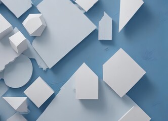 Layered white geometric shapes on textured blue abstract background , sharp, digital