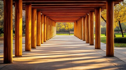 Fototapeta premium Golden columns create architectural pathway leading to nature scenery landscape