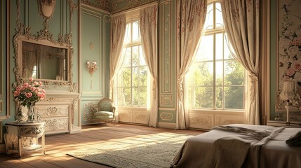 Exquisite rococo bedroom illuminated by natural light filtering through draped windows