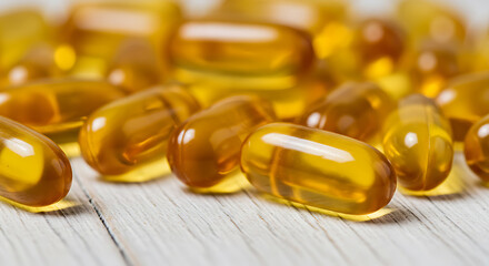 Golden Omega Capsules on Weathered White Wood Surface in Macro Detail